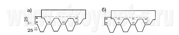 Схема крепления черепицы “Standart” скобами на кровле с уклоном до 45° (а) и с уклоном более 45° (б)